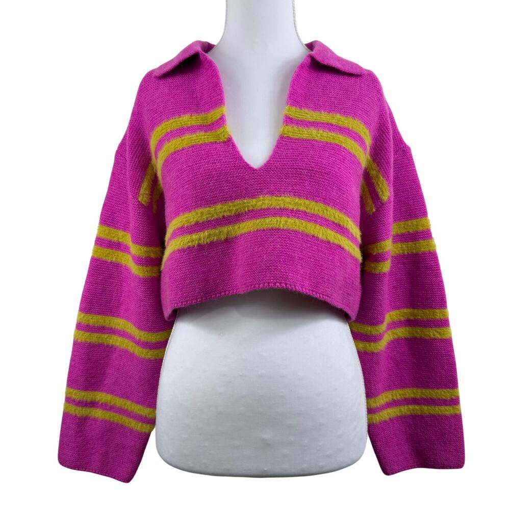 Butter Melon Pink Mustard Striped Cropped Sweater Small Collared V Neck Preppy